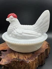 Vintage Westmoreland Milk Glass Hen on Nest 5.5”Split Tail Hand Painted Red Comb