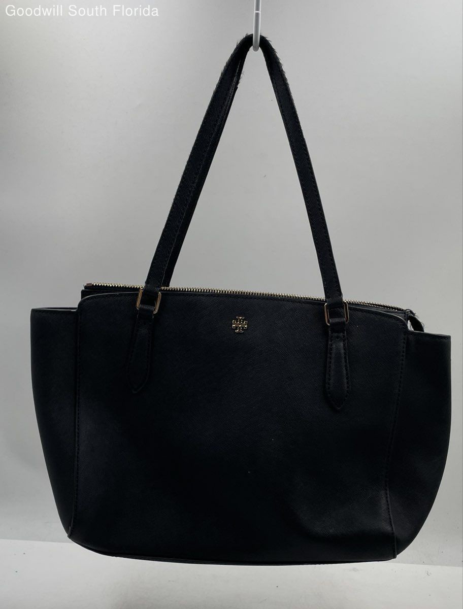Authentic Tory Burch Womens Emerson Black Saffiano Leather Tote Handbag Stained
