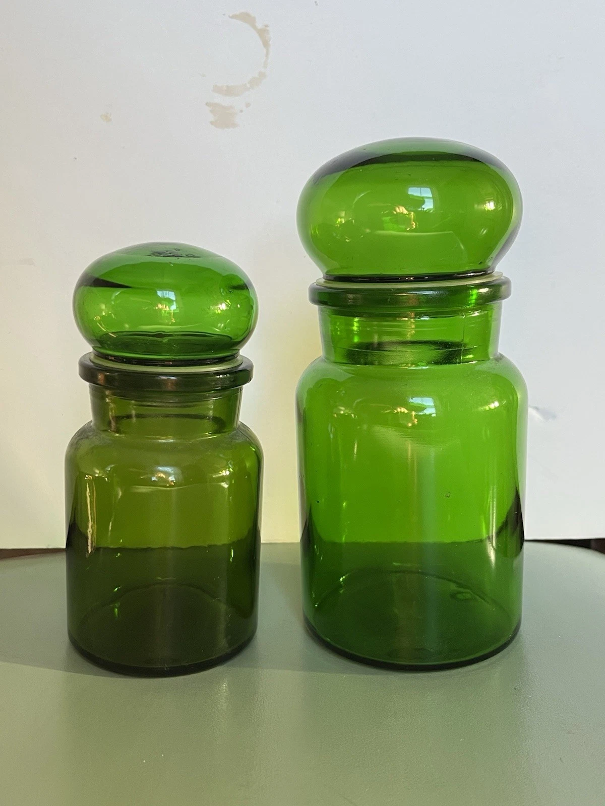 Vtg Belgium Green Glass Apothecary Candy Jars Set Of 2 Airtight Decor Retro MCM