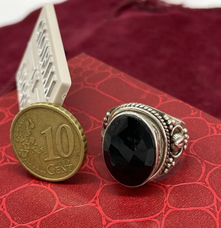 Anello Donna Vintage Argento 925 pietra Onice ovale nero Tondo Briolè elegante - Immagine 3 di 4