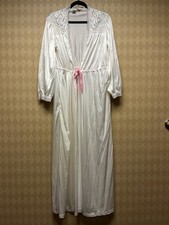 VTG Barbizon Womens Satin Robe Nightgown Size Med Belted Embroidered Lace Trim