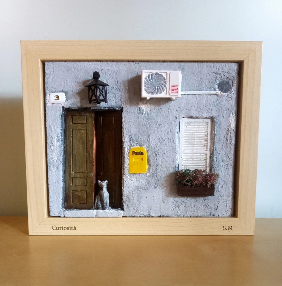 Diorama Quadro artigianale Parete esterna casa Gatto Modello 1:16 Da Appendere  - Immagine 3 di 4