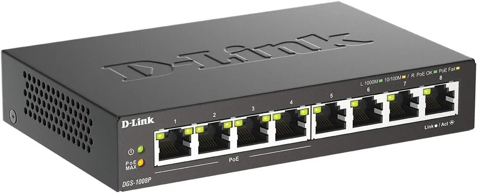 D-Link DGS-1008P 8-Port Gigabit Unmanaged Desktop PoE Switch 60W Power Fanless - Image 3 of 4