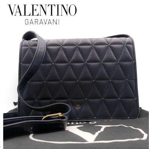 VALENTINO GARAVANI Women  V-Logo Shoulder Bag Black Quilted Leather Gold