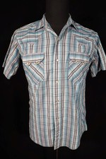 Vintage 1960's Dee-Cee Blue Cotton Plaid Western Snap Shirt Size Small