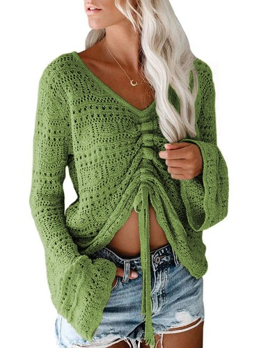 Women's Beach Off Shoulder Hollowed Out Horn Sleeve Drawstring Knitted Sweater - Picture 5 of 52