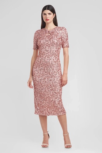 NWT $268 JS Collections Farrah Tea-Length Sequin Midi Dress Blush 10 - Picture 2 of 7