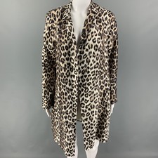 La Prestic Ouiston Size S Beige Brown Silk Animal Print Open Front Coat