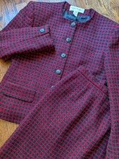 Vtg 2pc Suit Womens 6/8 S Red Black Wool Boucle Tweed Plaid Skirt Blazer Jacket