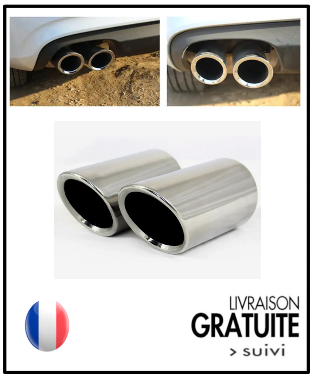 Embout échappement double sortie chromée 76mm pour Audi BMW Mercedes