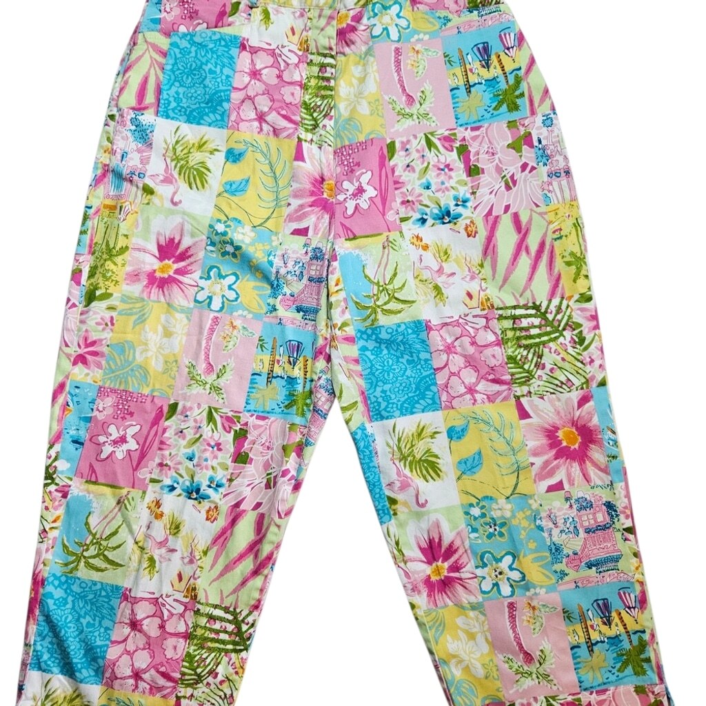 Pink and Blue Patchwork Capris with Tropical Flair - image 1