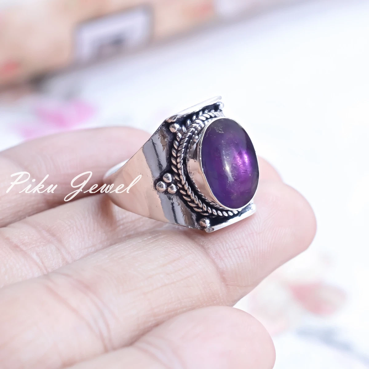 Anello Uomo Argento 925 Con Pietra Firuze Blu Scuro - Fatto A Mano, Taglia Unica