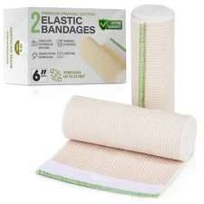 GT 6" Wide 2 Pack Organic Cotton Bandages Wrap With Hook/Loop Fasteners USA Made