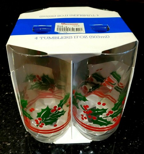 CHRISTMAS HOLLY LEAF Tumblers New Vintage 1989 USA COLLECTION (4) 17oz GLASSES - Picture 4 of 9