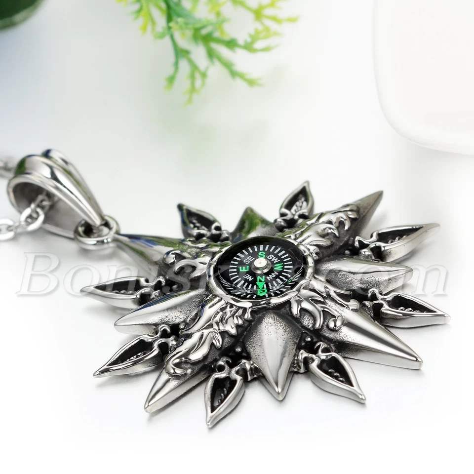 Collar cadena colgante brújula titanio acero inoxidable vintage diseño único para hombre Foto 2 de 4