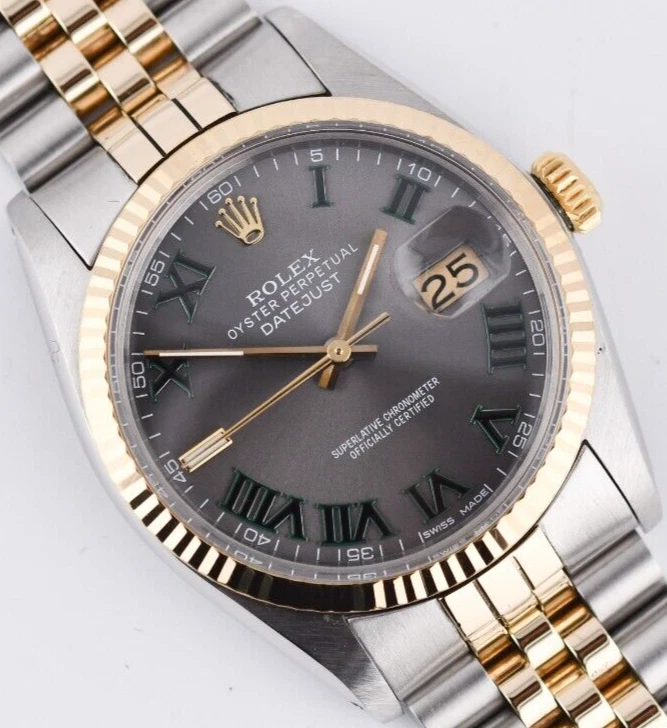 Rolex Datejust 16013 Grey Dial Green Roman 36mm Watch 18K Gold / Steel Jubilee