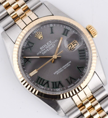 Rolex Datejust 16013 Grey Dial Green Roman 36mm Watch 18K Gold