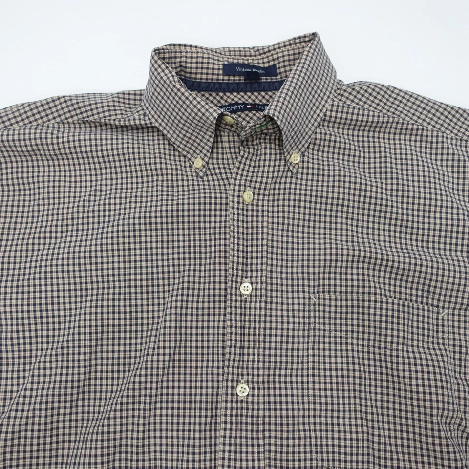 Винтажная мужская сорочка Tommy Hilfiger 16,5 серо-коричневая клетчатая поплин на пуговицах - Изображение 2 из 4