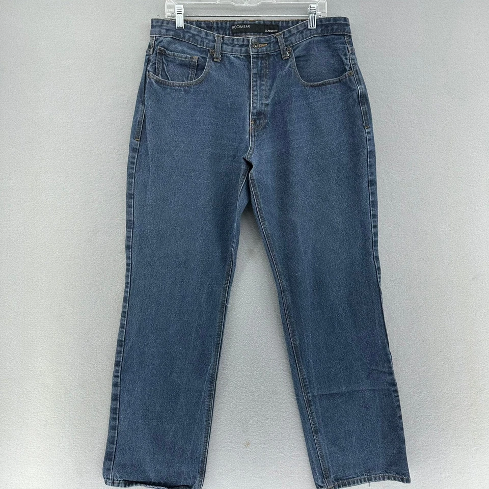 Jeans bordado Y2K Rocawear ajuste clássico W36 (35X31) tamanho grande skatista folgado - Imagem 3 de 4