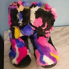 Women's Multicolor Colorblock Faux Fur Bootie Slippers Fur Trim Size 7
