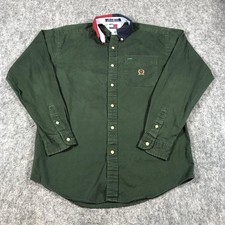 Vintage Tommy Hilfiger Shirt Mens L Green Twill Crest Logo Button Down