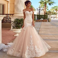 Fancy Mermaid Off Shoulder Wedding Dresses Lace Appliques Lace Up Bridal Gowns