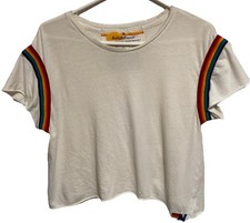 AVIATOR NATION Cropped Distressed SUMMER T-Shirt Size M Rainbow Sleeves
