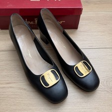 Salvatore Ferragamo Rochet Black Leather Gancini Buckle Block Heel Pumps Italy