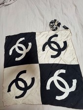 CHANEL Cocomark Bandana Scrunchie Set Black White Used