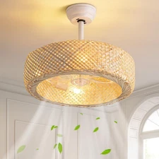 20" Rattan Boho Caged Ceiling Fan with Lights Remote Control, Rattan Enclosed...