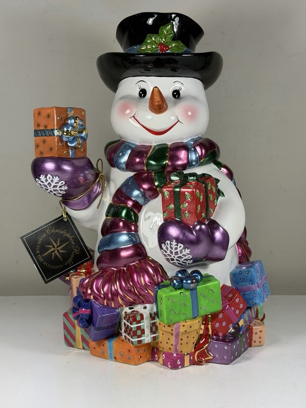 LARGE CHRISTOPHER RADKO CHRISTMAS CERAMIC GIFTED SNOWMAN CENTERPIECE COOKIE JAR