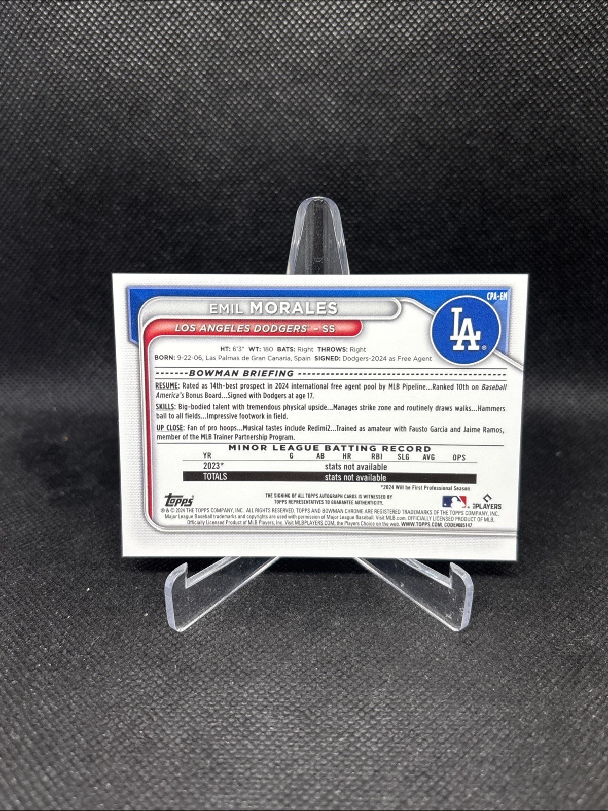 2024 Bowman Chrome Emil Morales 1st Chrome Auto Dodgers RC CPA-EM view 2