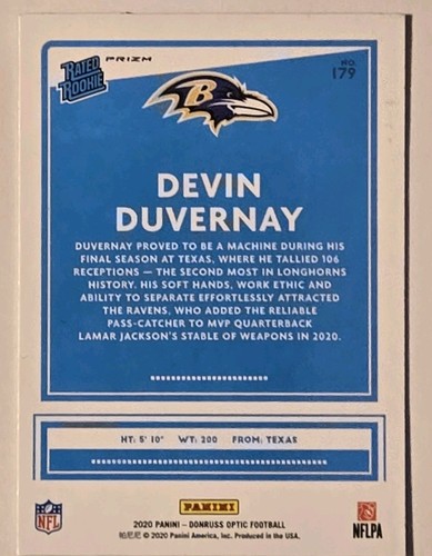 2020 Donruss Optic Devin Duvernay Rated Rookie Bronze Prizm #179 Baltimore Raven - Picture 2 of 2