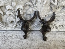 2 Rustic Elk Deer Moose Head Hooks Cast Iron Coat Hook Rack Restoration Hat