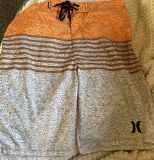 Hurley Board Shorts Swim Trunks Orange Gray Striped Beach Surf Casual Size 30