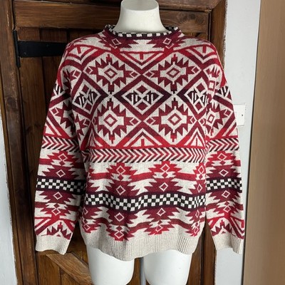 H&M LOGG Strickpullover rot beige Aztekenmuster Stehkragen Baumwolle Wolle Größe Large
