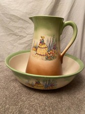 Antica brocca/brocca acqua e lavabo, design giallo crinolina dama