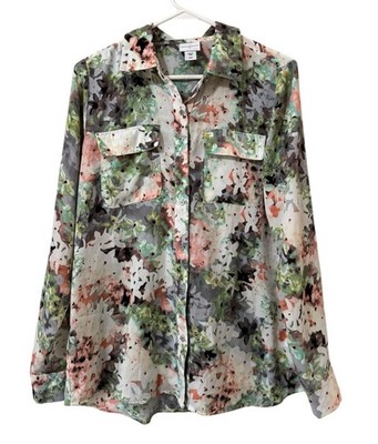 Jaclyn Smith Women Size Medium Long Sleeve Button Down Blouse Floral Colorful