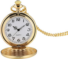 Smooth Vintage Pocket Watch with Chain Gold Classic Quartz Men Women Gift