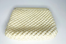 Vintage Crochet Clutch Bag Purse Handmade Hinged Frame Acrylic 9x7 Cream
