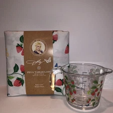 DOLLY PARTON Glass MEASURING CUP  Strawberries Butterflies Table Cloth Set HTF