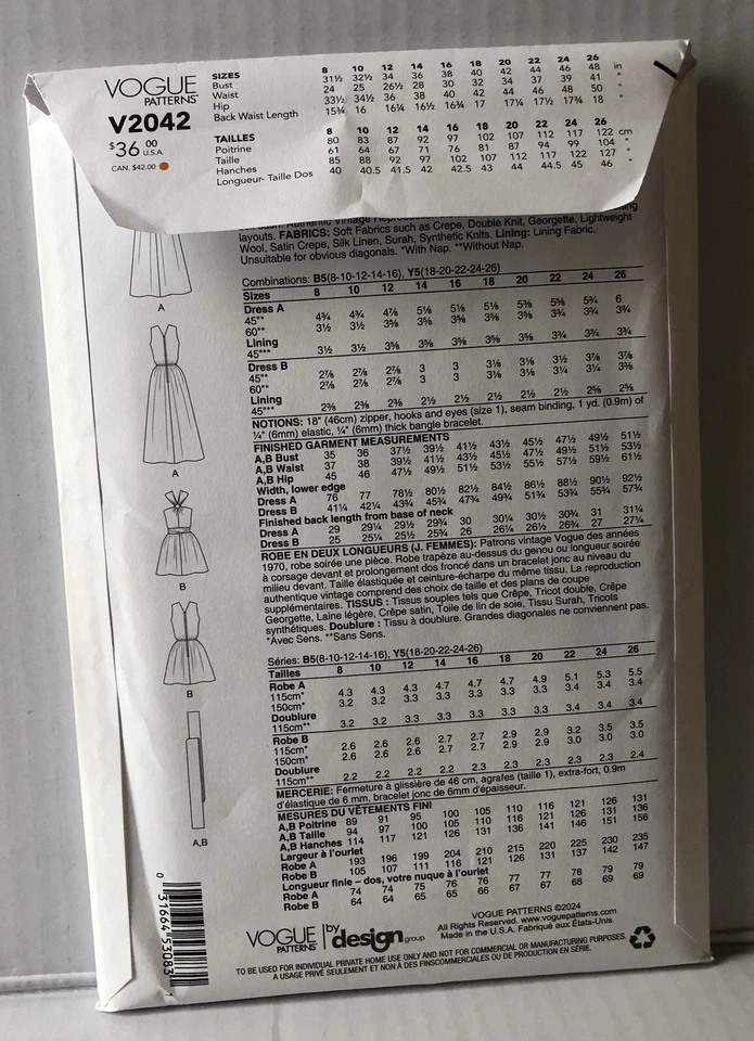 Vogue 2042 Sewing Patterns Vintage 70s Dress With Length Variations Sz 18-26 - Image 2 of 2