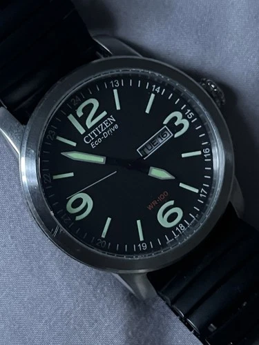 Citizen Eco Drive Day Date Military Mens Watch Silver Black Vintage Solar 42mm