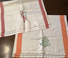 Vintage Kitchen Towels Embroidered Veggies Borders Linen Cotton Blend