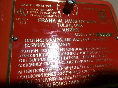 NEW Frank W. Murphy MFR. VS2EX Shock & Vibration Switch 5A 480VAC NNB
