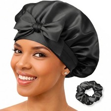 Silk Bonnet 100 Mulberry Sleep Cap Breathable  One Size, Black