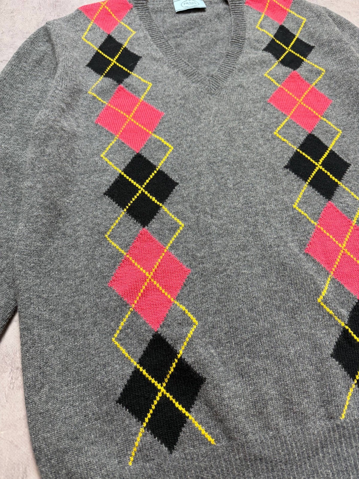 Rare Vintage Prada Milano Argyle V-Neck Wool Sweater, Grey Pattern, Women’s IT 4 image 5