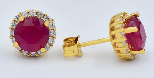 GENUINE 3.28 Cts RUBY & WHITE SAPPHIRES STUD EARRINGS .925 Silver (yellow)- NWT - Picture 3 of 4