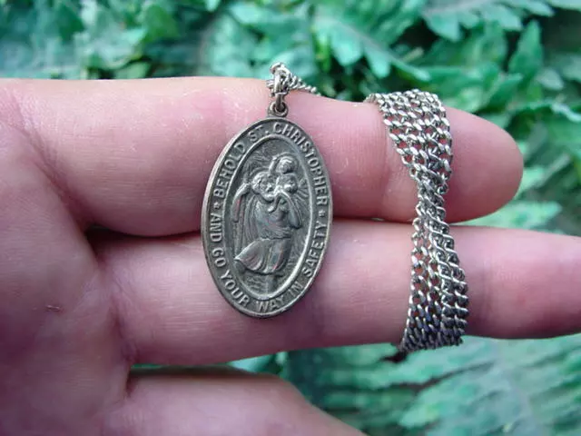 Vintage Sterling silver BEHOLD ST CHRISTOPHER large Catholic pendant MEDAL