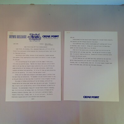 Vintage 1982 Cedar Point Amazement Park News Release First Funfest Weekend Ohio